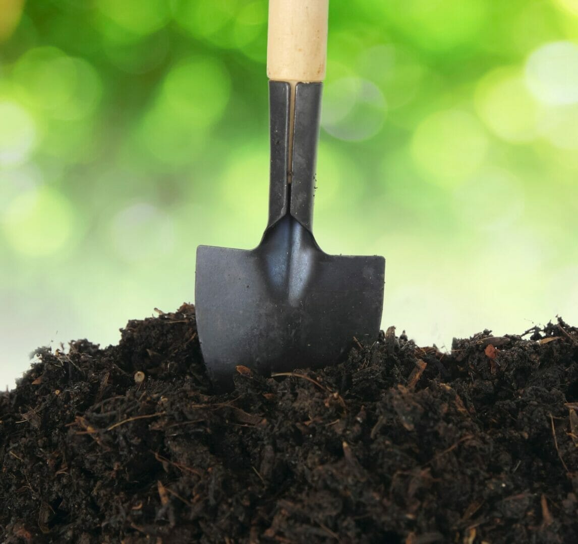 Soil with shovel and green bokeh